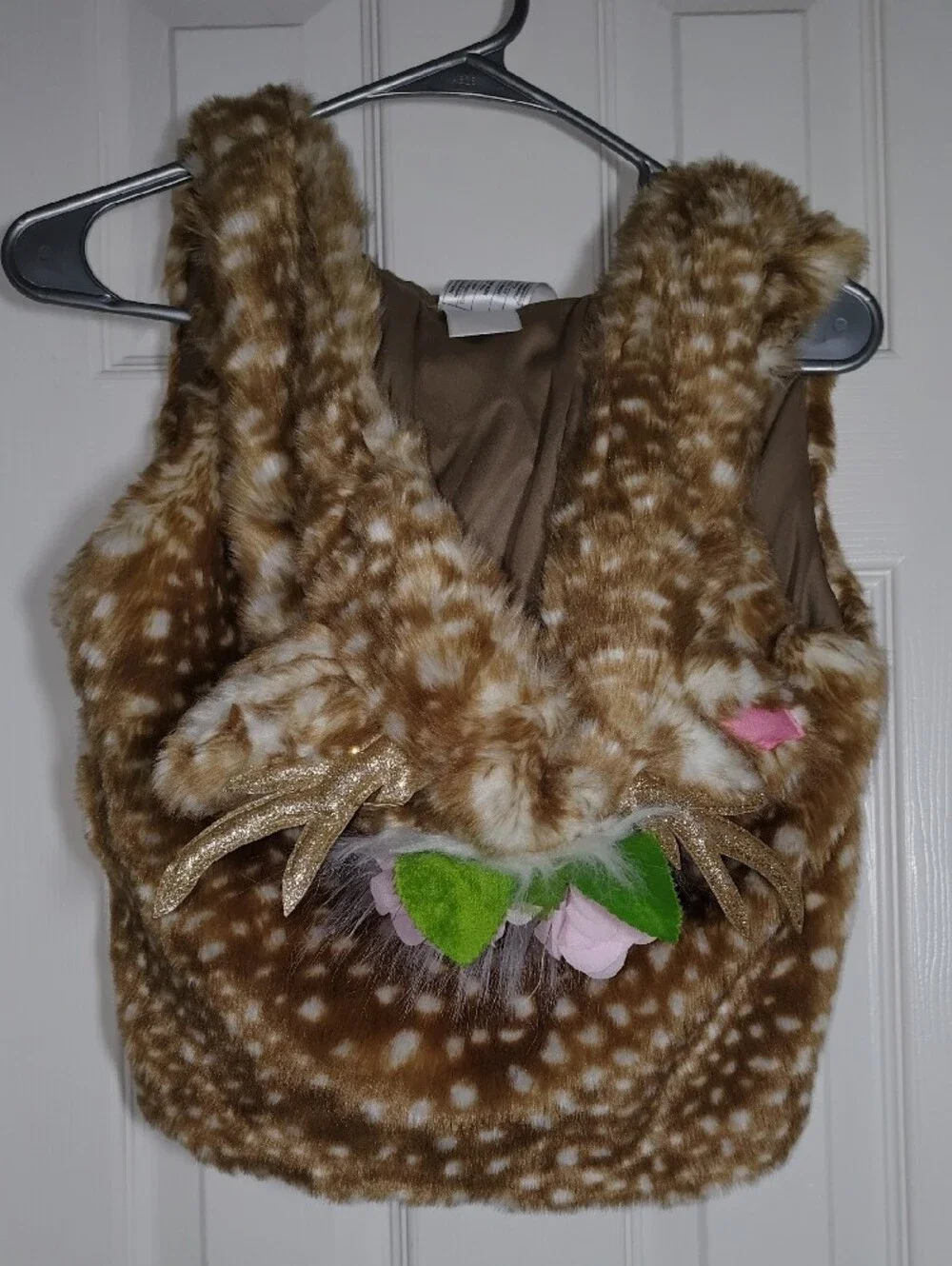 Kids Small Spirit Faux-Fur Fawn Hooded Vest Flowers Halloween Winter Christmas